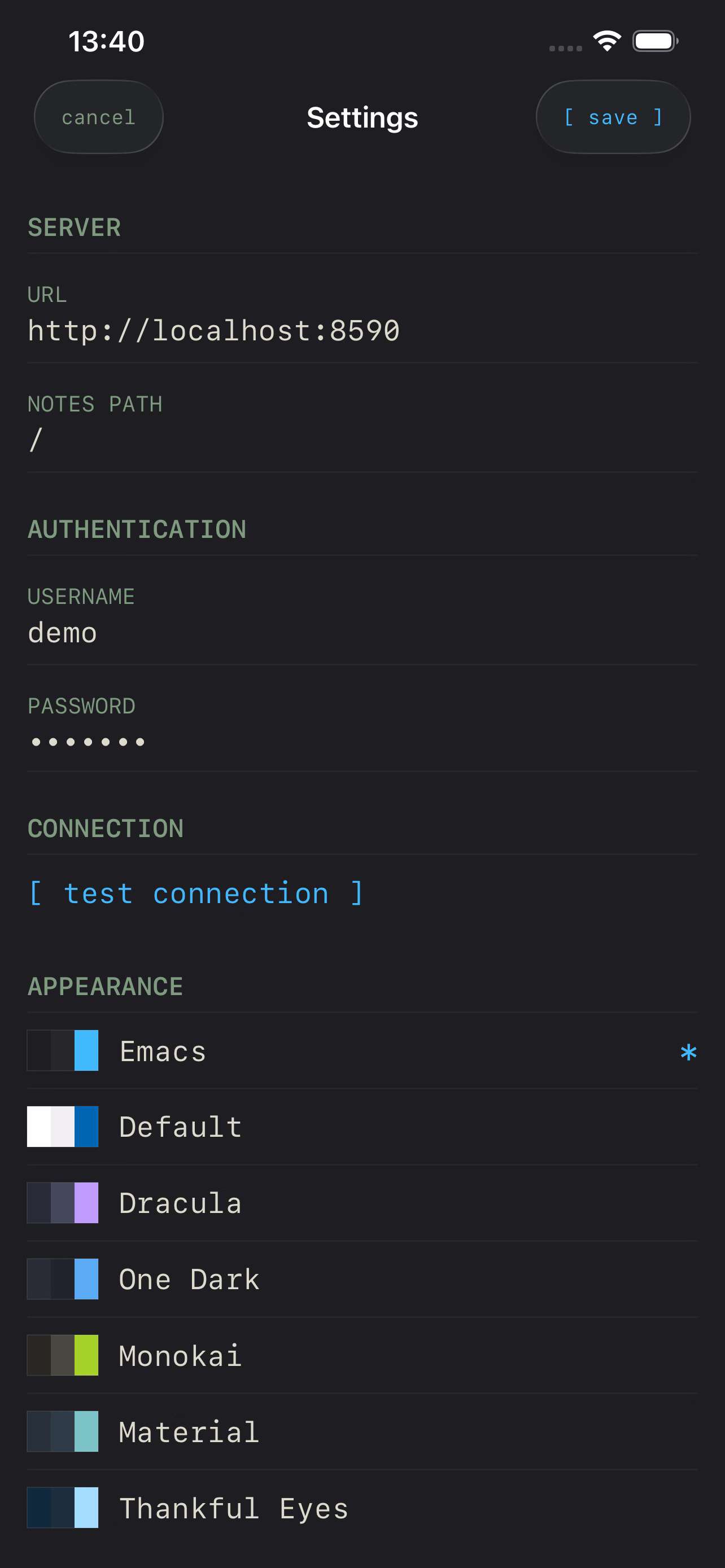 Dotdenote settings screen with the server URL, notes path, credentials and the test connection button