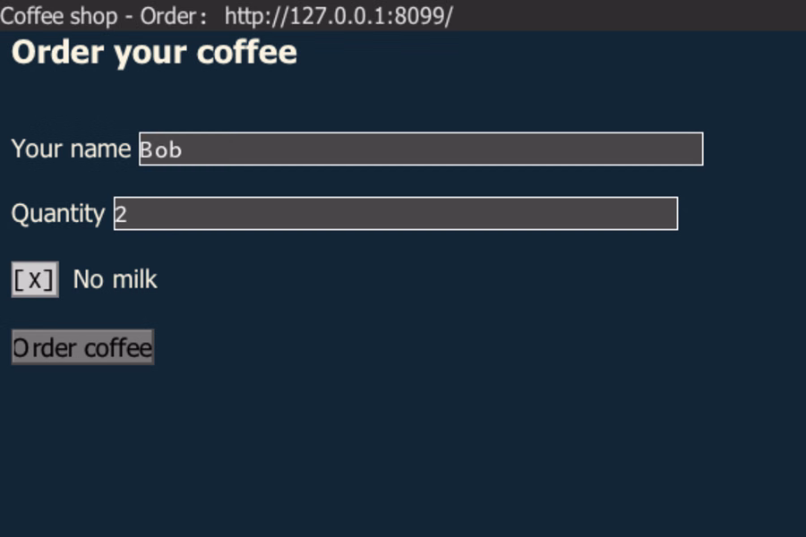Coffee order form in EWW, the Emacs browser, with the name "Bob", a quantity of 2 and the "No milk" checkbox ticked, and an "Order coffee" button