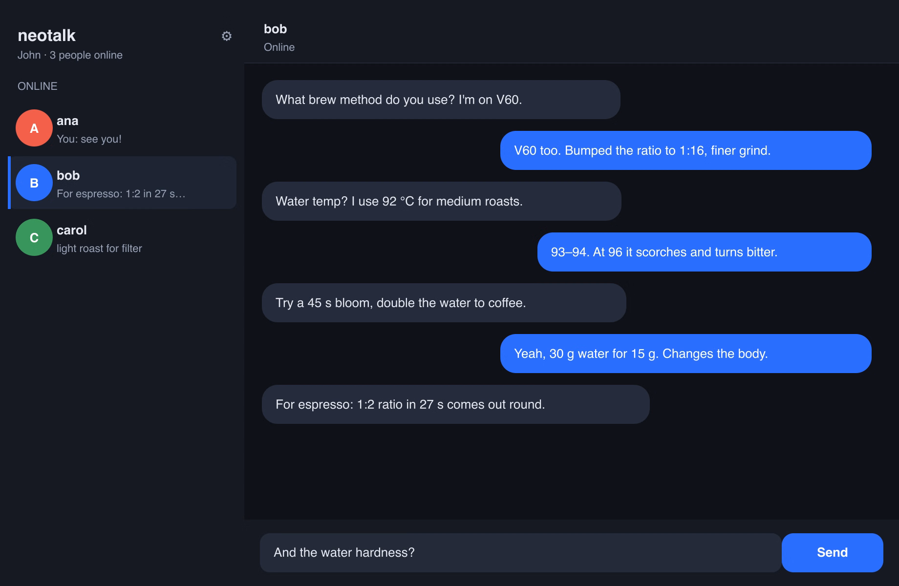Screenshot of NeoTalk, with the contact list and a conversation in bubbles