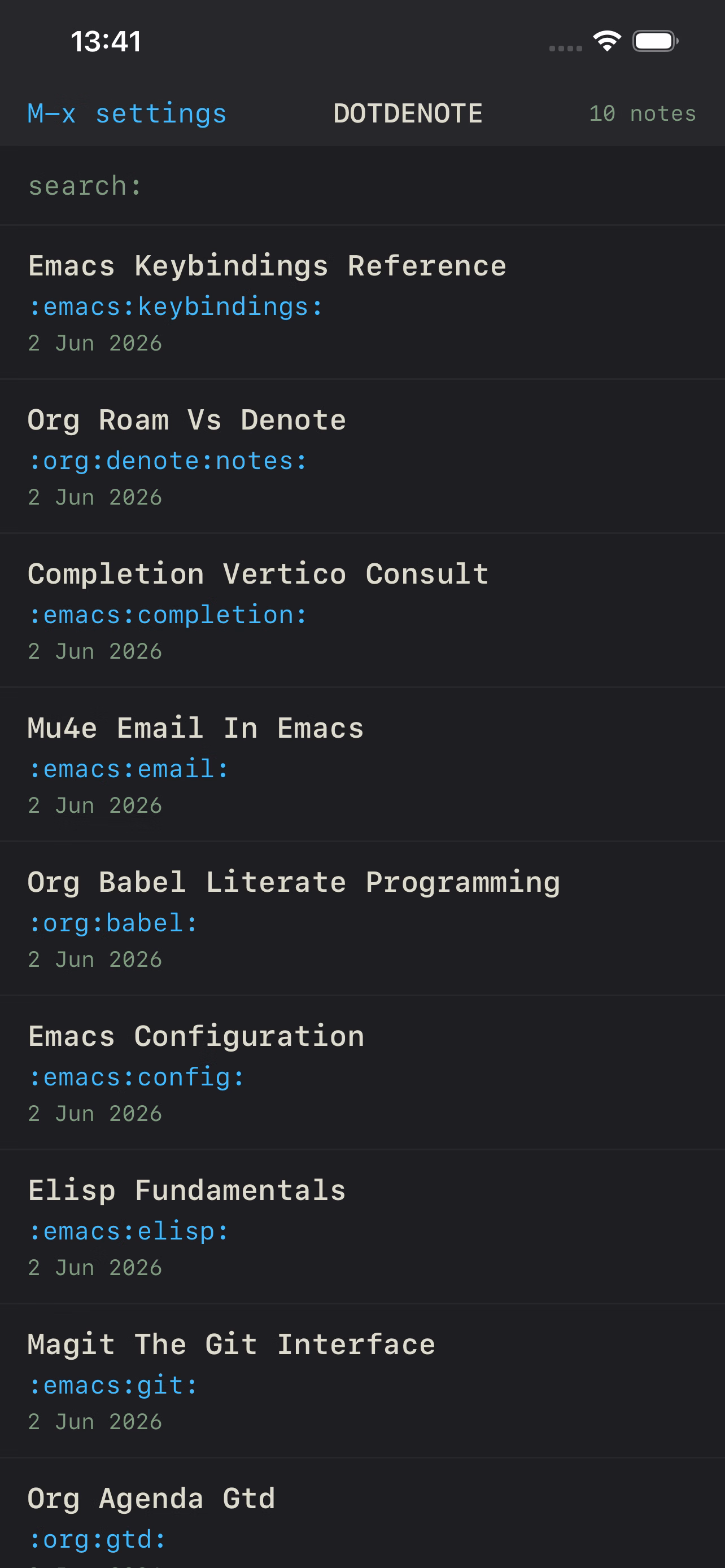 Dotdenote note list with search, showing Denote notes with their tags and dates
