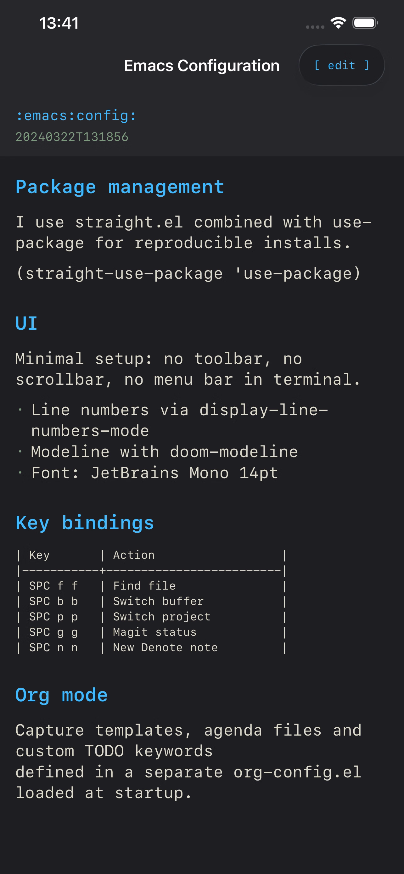 Dotdenote note detail rendering an Org note with headings, lists and a table