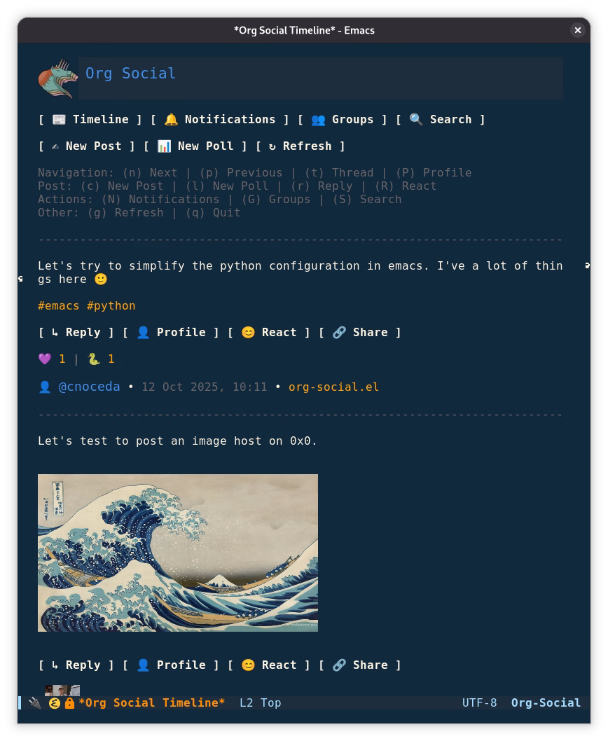 Screenshot of org-social.el in Emacs: the Org Social timeline with navigation buttons, posts with hashtags, reactions, author and an embedded image